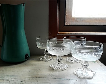 Floral clear embossed dessert ice cream cups dishes vintage, a set of four