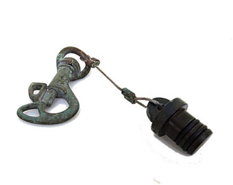 Large unique vintage 1980's brass army navy buoy snap hook with plug, rustic with blue patina