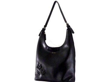 Vintage KEDS black faux leather women short strap shoulder bag, tote bag, hand bag with flowers on front
