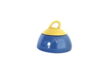 Vintage blue and yellow ceramic mid century modern designed sugar bowl with lid, ceramic modernist trinket bowl