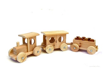 Wood toy tractor handmade. Pull toy tractor with a wagon and a milk pails cart