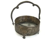 Brass candy dish with handle. Round footed candy dish. Trinket dish. Roses embossed. 1950s frosted glass.