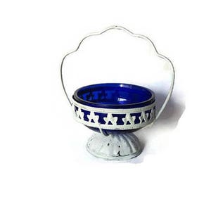 Cobalt blue trinket bowl, vintage candy dish, sugar cube bowl. Handled painted distressed shabby chic candy dish glass bowl.