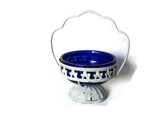 Cobalt blue trinket bowl, vintage candy dish, sugar cube bowl. Handled painted distressed shabby chic candy dish glass bowl.