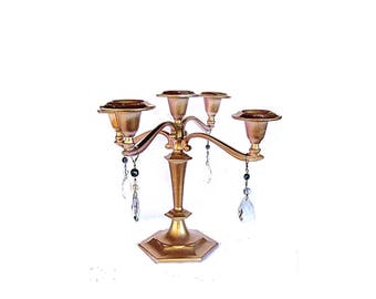Vintage upcycled gold painted distressed four arm candelabra with hanging purple and blue faceted beads