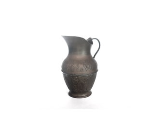 Small oriental vintage handled copper jug, handmade engraved ornate copper pitcher