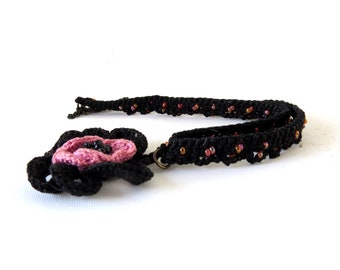 Hand crochet delicate black and pink beaded flower choker