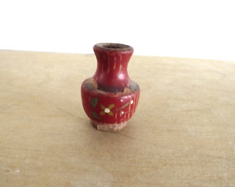 Tiny vintage hand painted red floral wood wooden jug