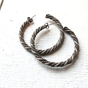 Handcrafted vintage ornate silver large boho thick hoop earrings