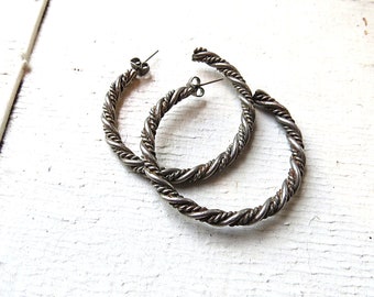 Handcrafted vintage ornate silver large boho thick hoop earrings