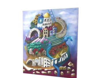 Original large oil on canvas biblical TOWER OF BABEL surreal painting. Ooak.