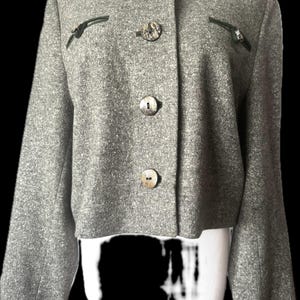Sz 10 Wool/Silk/Angora Gray LODEN JACKET, Hunter Green Trim, Horn Buttons , Mothwurf Trachten, Vintage, Made in Austria