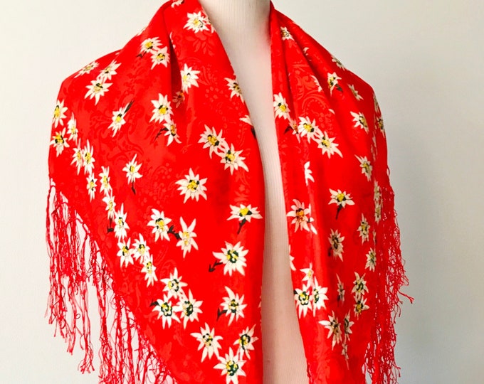 Silk Damask EDELWEISS FRINGED Dirndl Scarf, Red Trachten Scarf, 29, 6