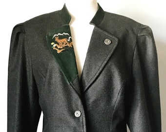 Black WOOL SUEDE DEER Trachten Jacket,  Dk Green Suede, Deer Embroidery, Sz 42/12, Oktoberfest, Alpine Hunting Fashion Jacket, Shoulder Pa,