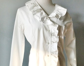 100% COTTON RUFFLED BLOUSE, Made in Austria, Trachten Blouse, Ruffled Neckline and Button Panel, Ruffled Sleeves, Sz 38 = 8, White Blouse