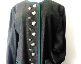 LODEN COAT Jacket, Long Light Trachten Jacket, Black Wool+Hunter Green, 15 Edelweiss Buttons, Oktoberfest, Woodland Coat, Made in Austria