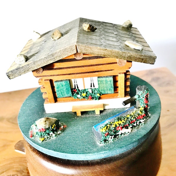 SWISS MUSIC BOX, Alpine Chalet, Love Story Theme Movement, 4 1/2" dia, 4" high, Roof Top Lid, Small box, Idyllic Farmhouse, Well and Trough