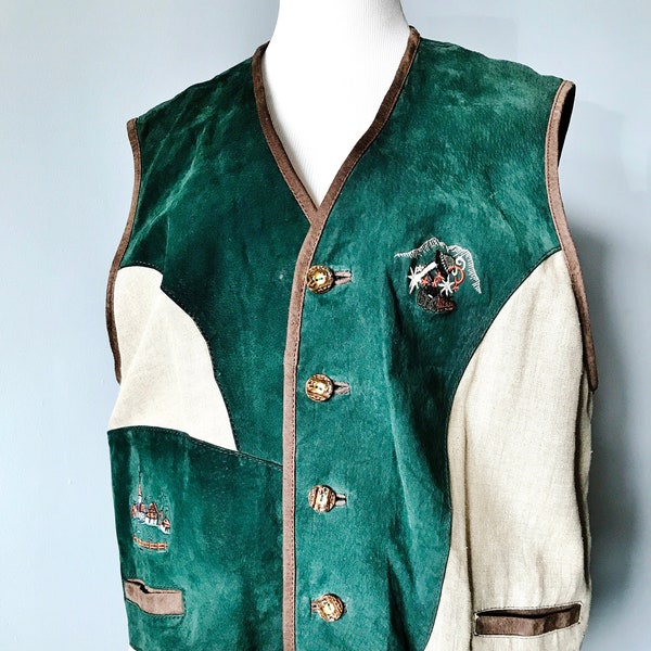 Sz 20 PIGSKIN & LINEN VEST, Dark Green, Beige, Scenic Embroidery, Stag Horn Buttons, Alpine Vest, Lined, Pockets, Almsee Trachten Austria