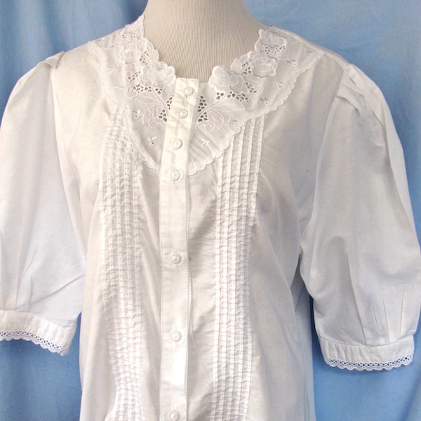 Romantic Lace BLOUSE, White Dirndl Blouse, Puff Sleeves Embroidery White on White, Linen Buttons, Pleats, 42" Bust, Fine Cotton Blend