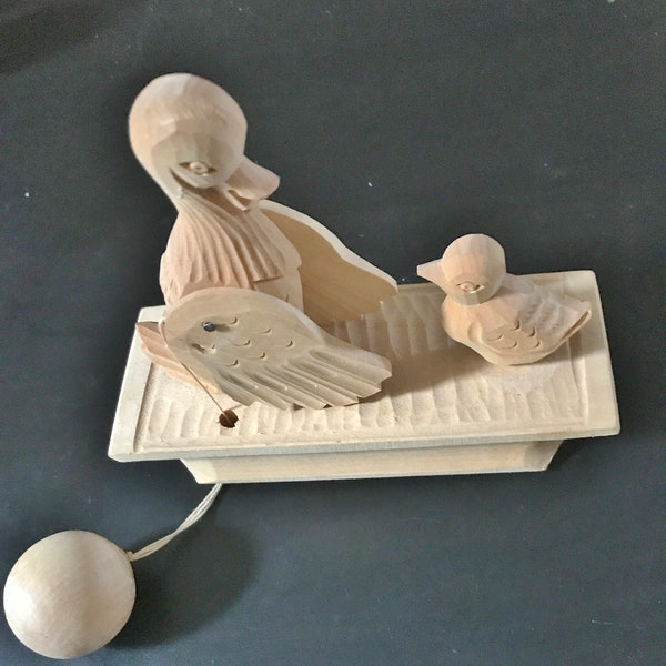 HAND CARVED Wooden Toy w Movable Wings, Mother Duck and Little Chick, 5 1/2x4 1/2x 2", Strings and Ball