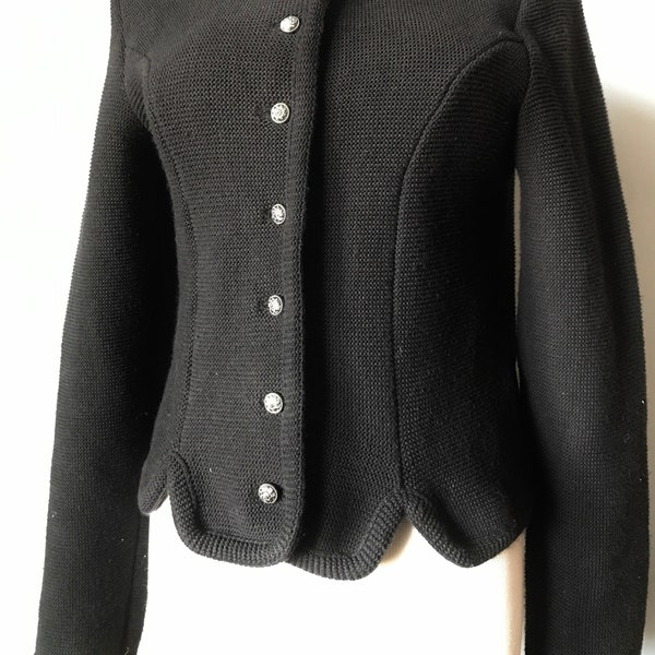 Black Knitted COTTON/POLY DIRNDL Trachten Cardigan, Sz 36 = 6, Classic Purl Stitch, Huber Tracht Austria, Walking Slits, Oktoberfest,