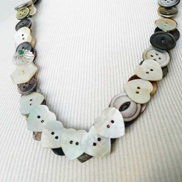 Hand Made Mother-of-Pearl Heart BUTTON NECKLACE, Hand Tied, Shell Buttons, 12" Drop, some Glass Buttons, Double Row, abt. 100 Buttons