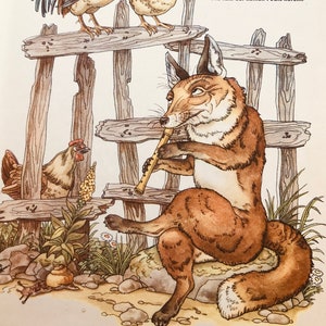 May include: A fox plays a flute while sitting on a rock. Two chickens are perched on a wooden fence behind the fox. The text reads: "Der Fuchs und die Hühner Es lockt der Fuchs die Hühner, die werden immer kühner; er lockt sie mit der Flöte, daß er sie alle töte. O Hühner, laßt die Neugier sein und fallt auf keinen Fuchs herein."