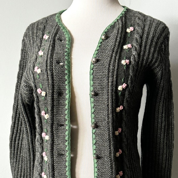 Pure New Wool Knitted TRACHTEN SWEATER CARDIGAN, Salzburg/Austria, Bust 36", Length 22", Tiny Roses Embroidery, Cable Knit, Green Stitched