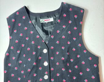 Gilet Dirndl en coton velours côtelé TRACHTEN Taille 18, petit motif roses rouges, doublure, cor des Alpes Autriche, boutons Old Coin Repro, Oktoberfest,