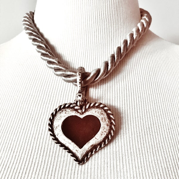 SCARF RING/HEART Necklace, Rustic Metal Pendant, Pewter-Like Metal, Silver Gray Twisted Cord, Austrian Dirndl Necklace, Oktoberfest, Vintage