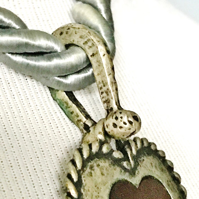 SCARF RING/HEART Necklace, Rustic Metal Pendant, Pewter-Like Metal, Silver Gray Twisted Cord, Austrian Dirndl Necklace, Oktoberfest, Vintage image 4