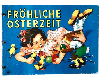 50er JAHRE DEUTSCHES KINDERBUCH, Osterzeit, Osterhase, Brettbuch, Deutsche Reime, Mutige Illustrationen, Ernst Kutzer? Wien Bilderbuch