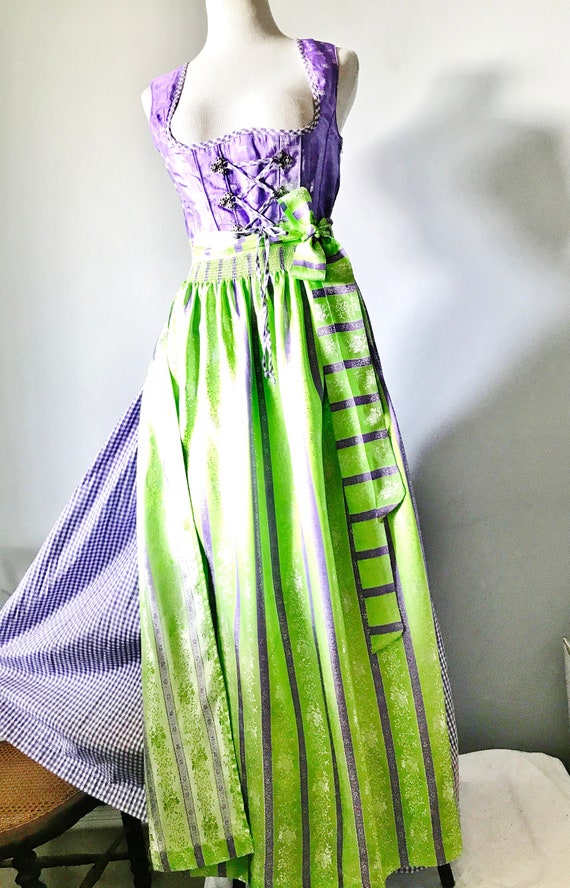 PURPLE GREEN Long DIRNDL Dress, Lilac Gingham, Gre