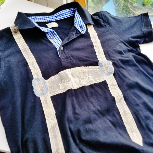 Boy TRACHTEN POLO Shirt, Black, Printed Suspenders, Chemois Goat, Gemse, size 134/140, US size 10-11, Country Top, Alpine Look, Oktoberfest