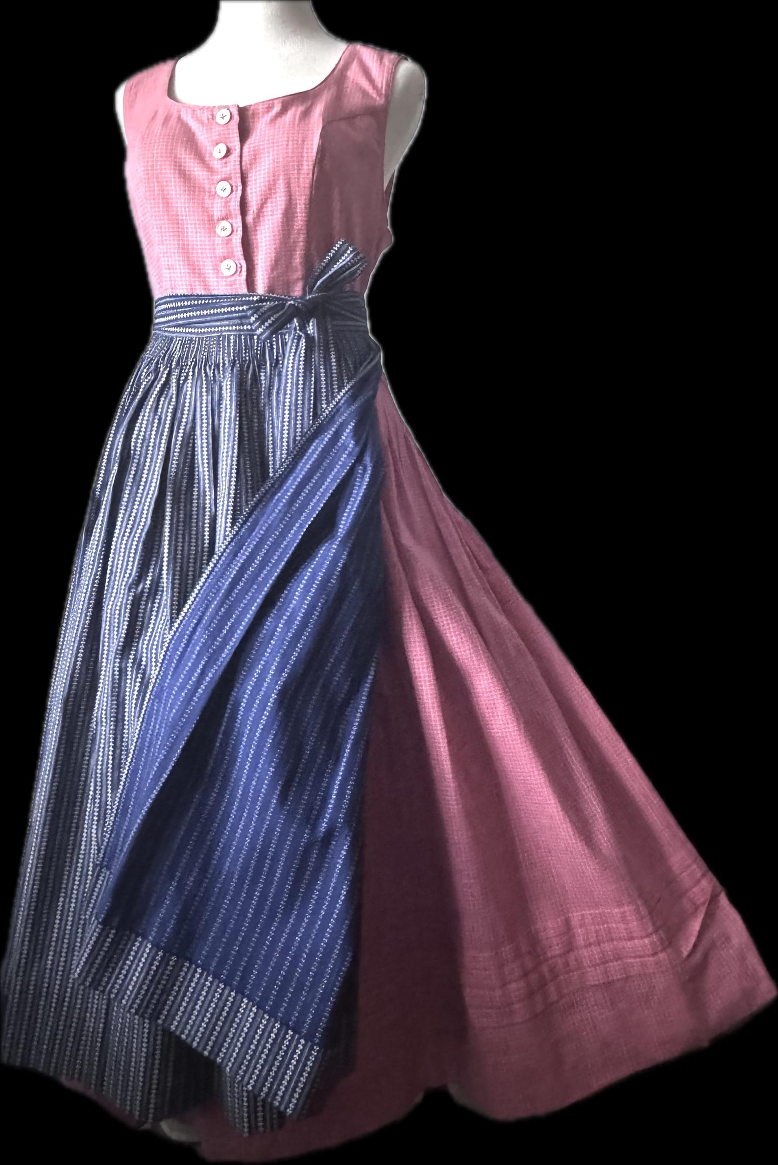 Sz L Pink & Dk Blue COTTON DIRNDL DRESS, Custom Made Trachten from Austria