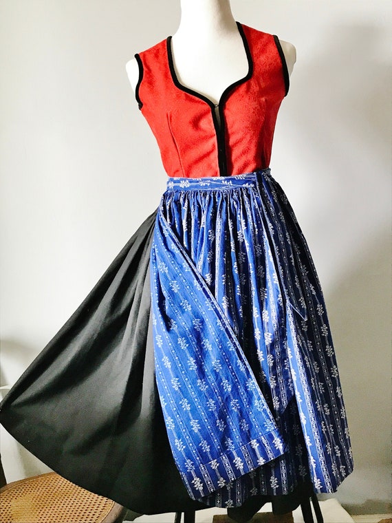 Custom Made DIRNDL RED BLACK & Blue Apron, Black V