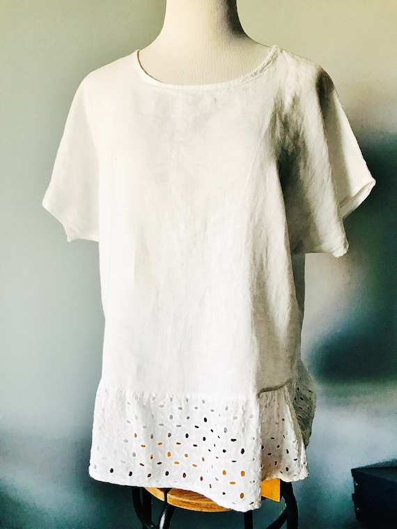TOP DE LINO ITALIANO blusa parte inferior de encaje de algodon talla M lino puro top de verano blanco con clase corte suelto comodo Etsy Espana
