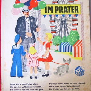 May include: Vintage illustration of a fairground scene with the text "IM PRATER". A man in a suit sells balloons to children. A Ferris wheel and a dog are also depicted. The image has a retro style.
