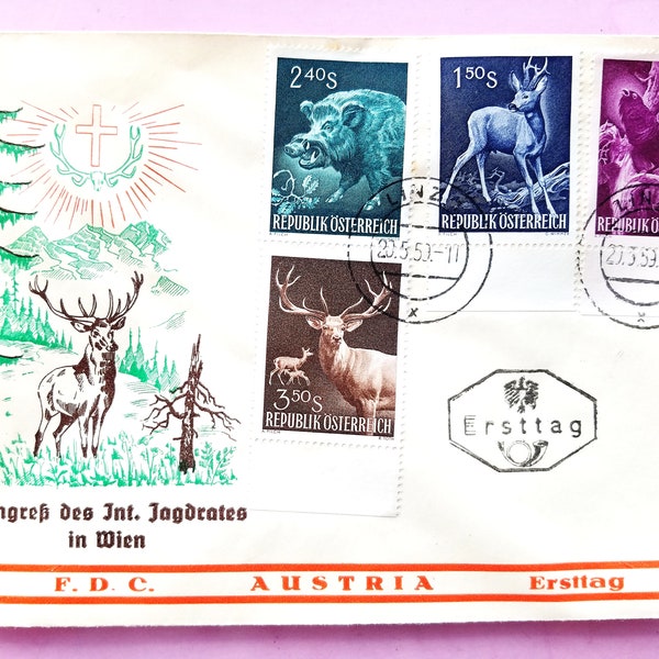 1959 First Day Cancellation ALPINE ANIMALS, Austrian Stamps, Stag, Deer, Wild Pig, Auerhahn, Philatelic Item, Intl. Hunting Congress Vienna