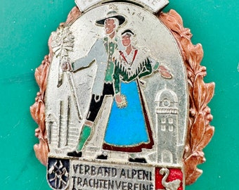 1920s AUSTRIAN PIN of Enamel Trachten Couple, 1 3/4" high, Embossed, Schwertner Graz, Hat Pin, Service Award Pin, Steiermark Trachten Verein