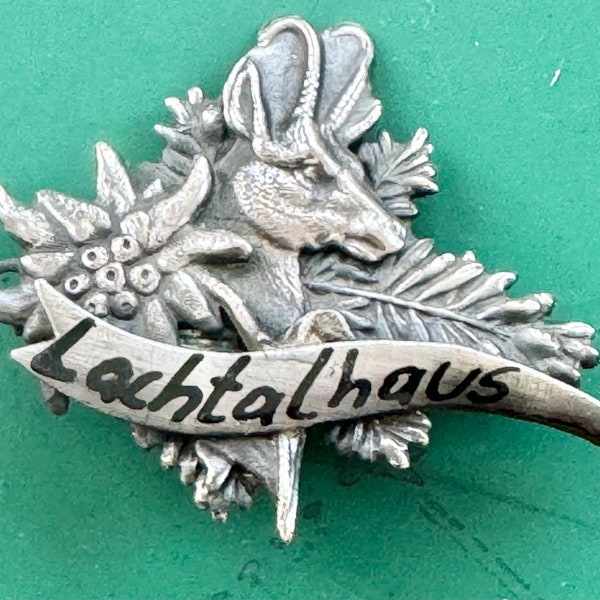 Vintage GERMAN HAT PIN, Alpine Chamoix Goat, Gemse, Edelweiss&Fir, Silver Content, Lachtalhaus Souvenir Pin, Oktoberfest Pin, Hunting Pin,