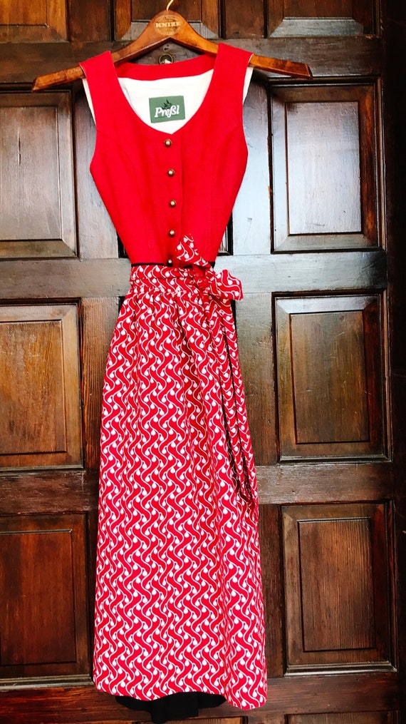 Small RED/BLACK DIRNDL Dress, Linen Top, Viscose S