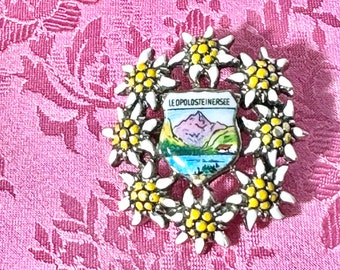 ENAMEL EDELWEISS PIN, Souvenir Leopoldsteinersee, Austrian German  Hat Pin, Vintage Alpine Pin, 1 1/8" dia, Oktoberfest,