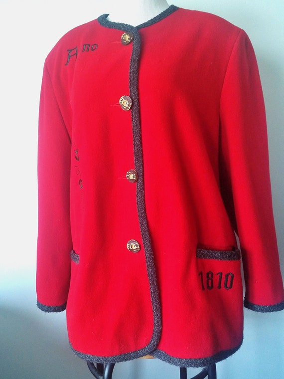 Red Wool Trachten Jacket, Embroidered Austrian Ja… - image 1