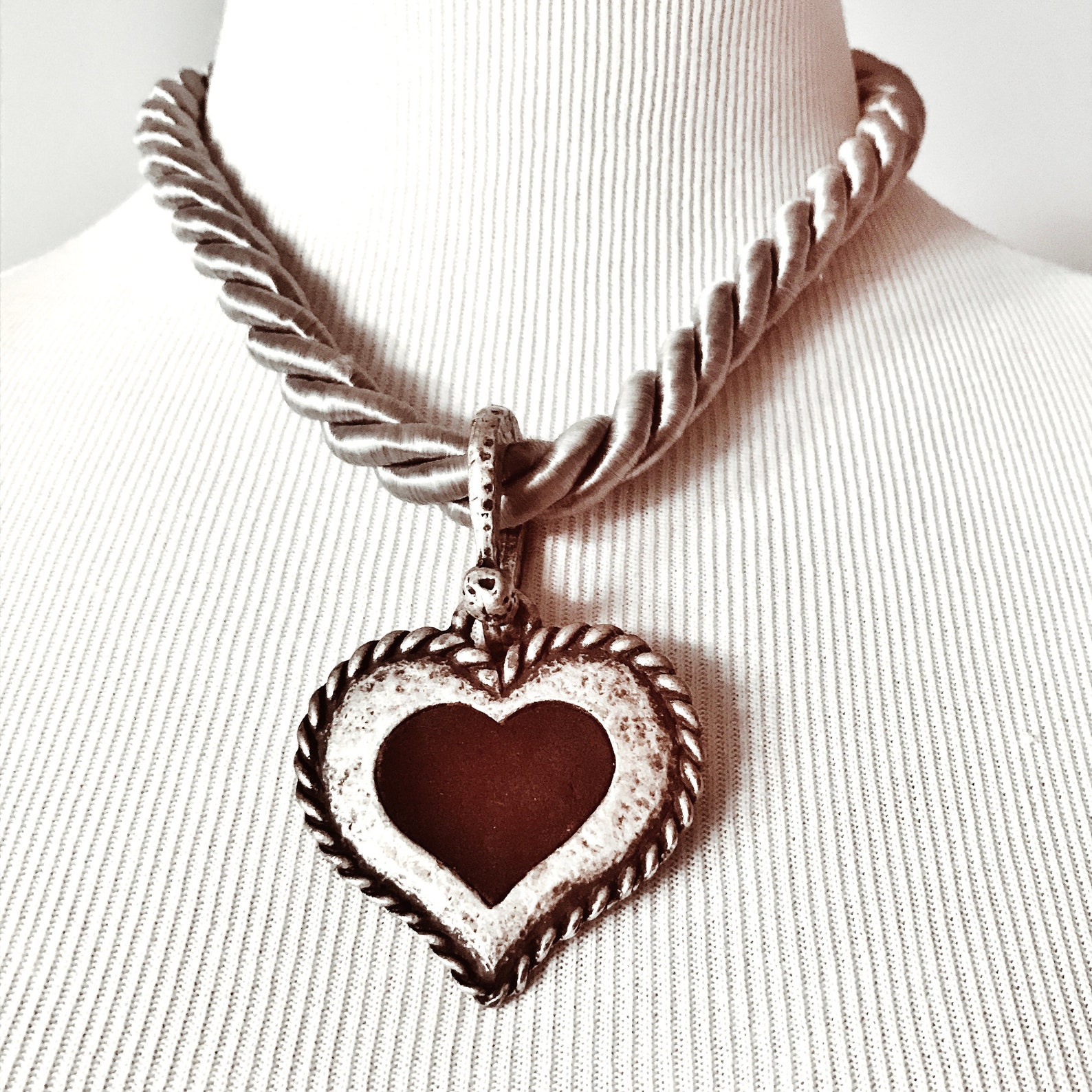 SCARF RING/HEART Necklace, Rustic Metal Pendant