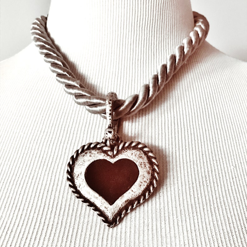 SCARF RING/HEART Necklace, Rustic Metal Pendant, Pewter-Like Metal, Silver Gray Twisted Cord, Austrian Dirndl Necklace, Oktoberfest, Vintage image 1