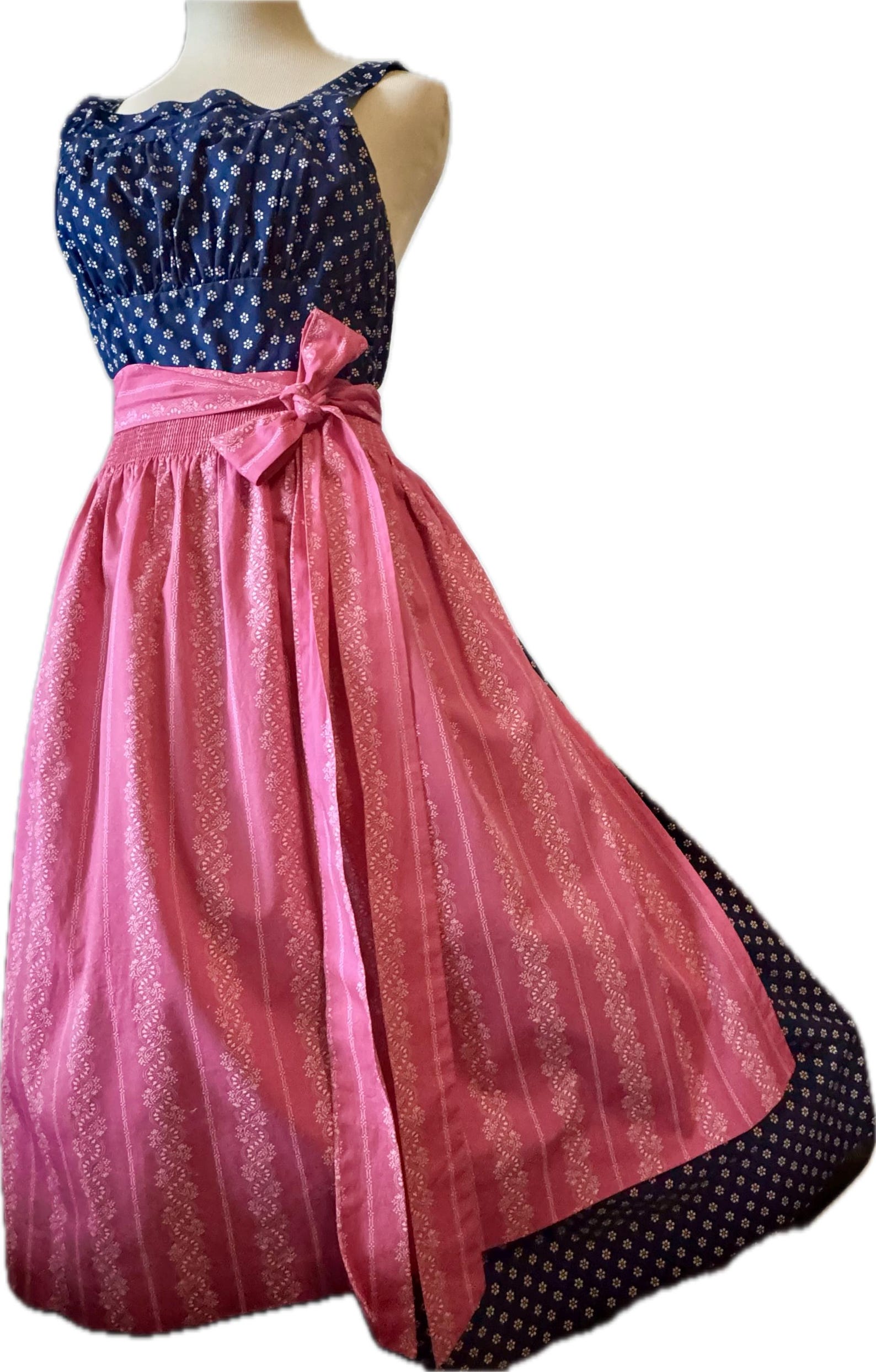 Sz 19 Cotton Dirndl Dress, Dark Blue Pink Floral Folk Art Trachten, Size 10
