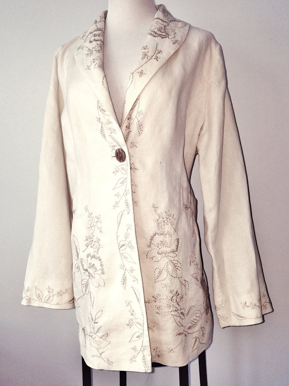 EMBROIDERED LINEN Coat, Long Linen Jacket, Beige F