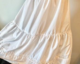 30" long  WHITE PETTICOAT with Crochet Lace, Snow White Dense Fabric, Ruffled, Waist stretches to 40", Oktoberfest Accessory,