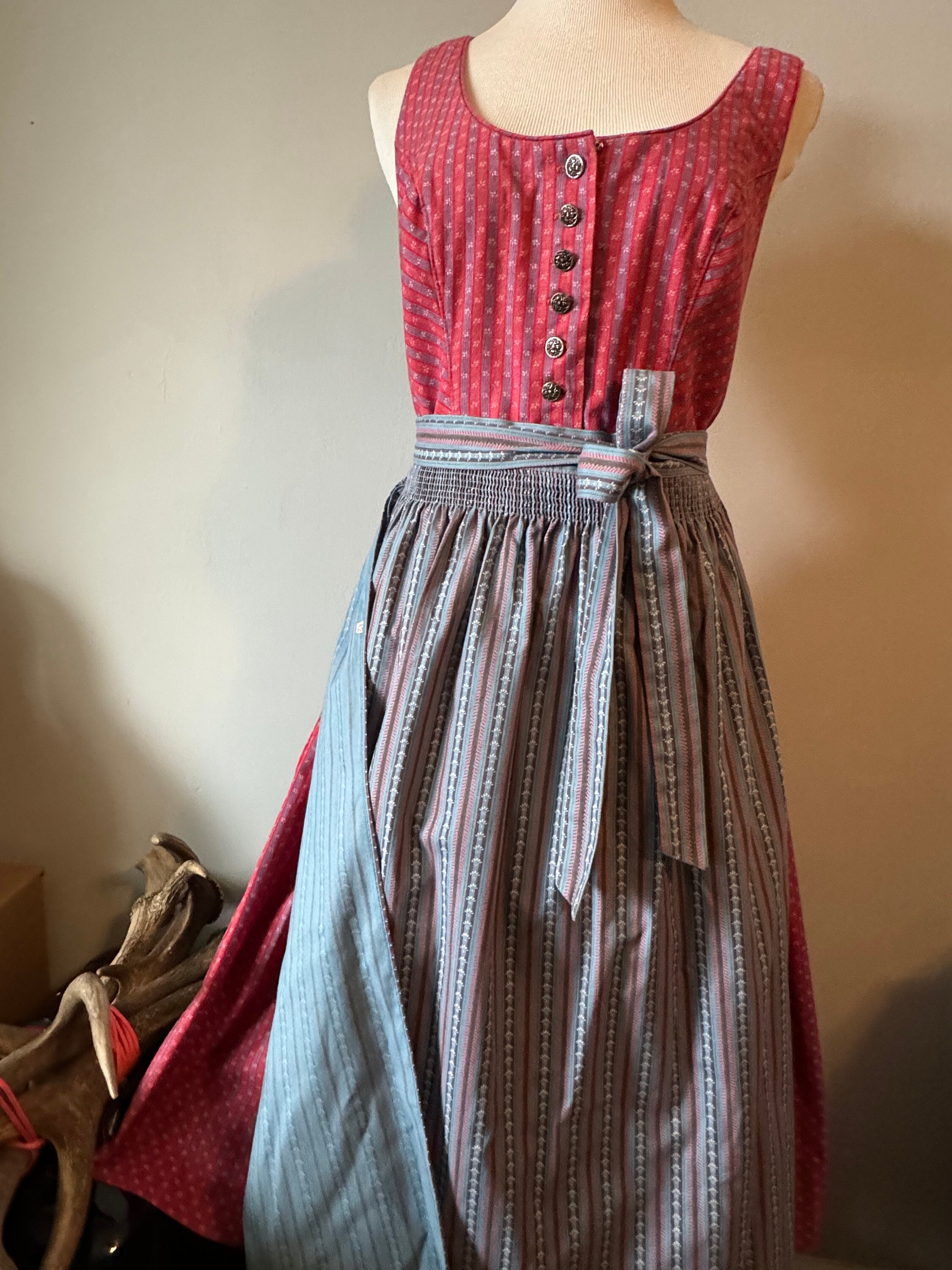 Vintage Aprons, Retro Aprons, Old Fashioned Aprons & Patterns Bust 40 Soft Red  Blue Cotton Dirndl Trachten Dress, Custome Made, From Austria, Gathered Waist, 29 Skirt, Oktoberfest Dirndl $85.00 AT vintagedancer.com